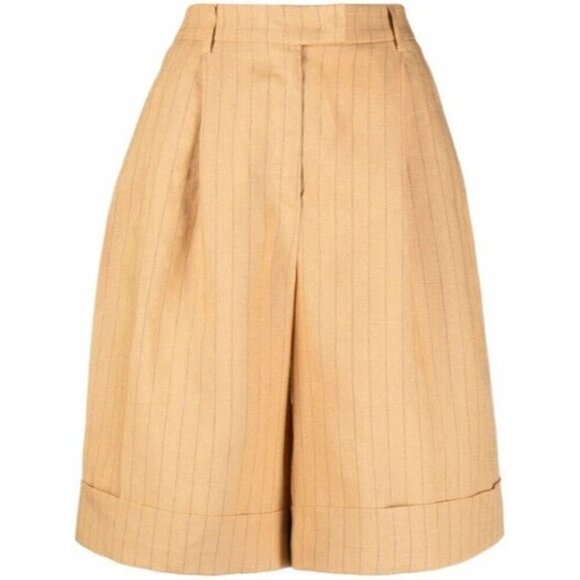 12 Storeez Womens Small Mustard Yellow Cuffed Linen Shorts Pinstripe Bermuda NWT - Picture 1 of 9